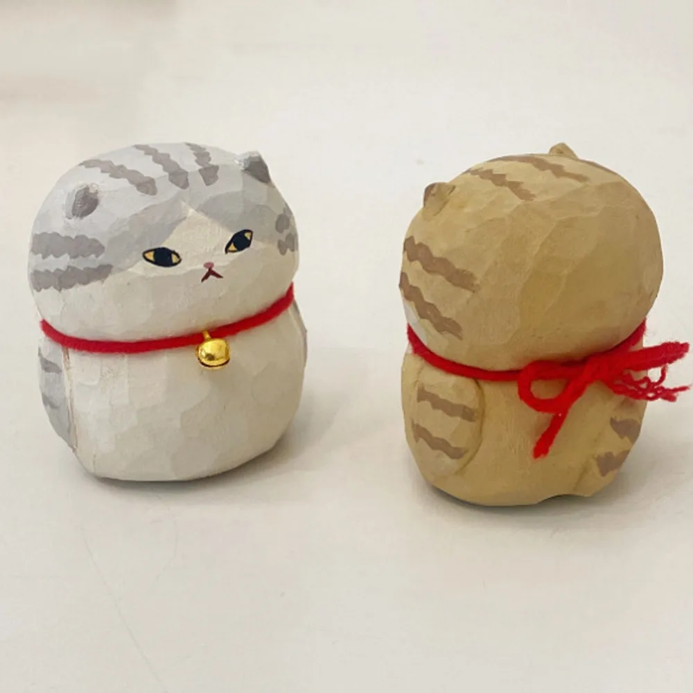 Small Gifts Wooden Carving Cat Ornament Crafts Handmade Bell Kitten Ornament Cartoon Doll Small Cat Model Kids