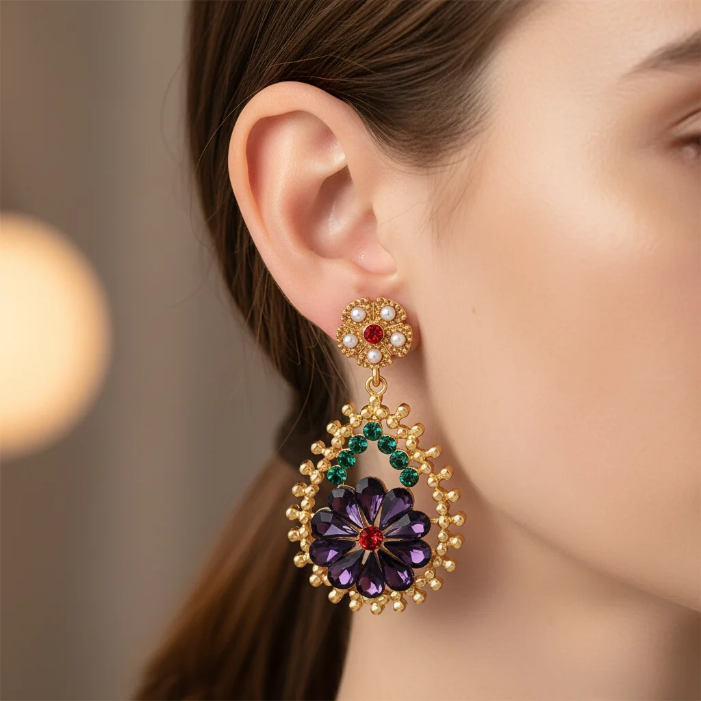 Vintage goldfarbene Ohrhänger für Damen, ethnischer Schmuck mit lila Blumenkristall und grünen Perlen – elegante Tropfenohrringe