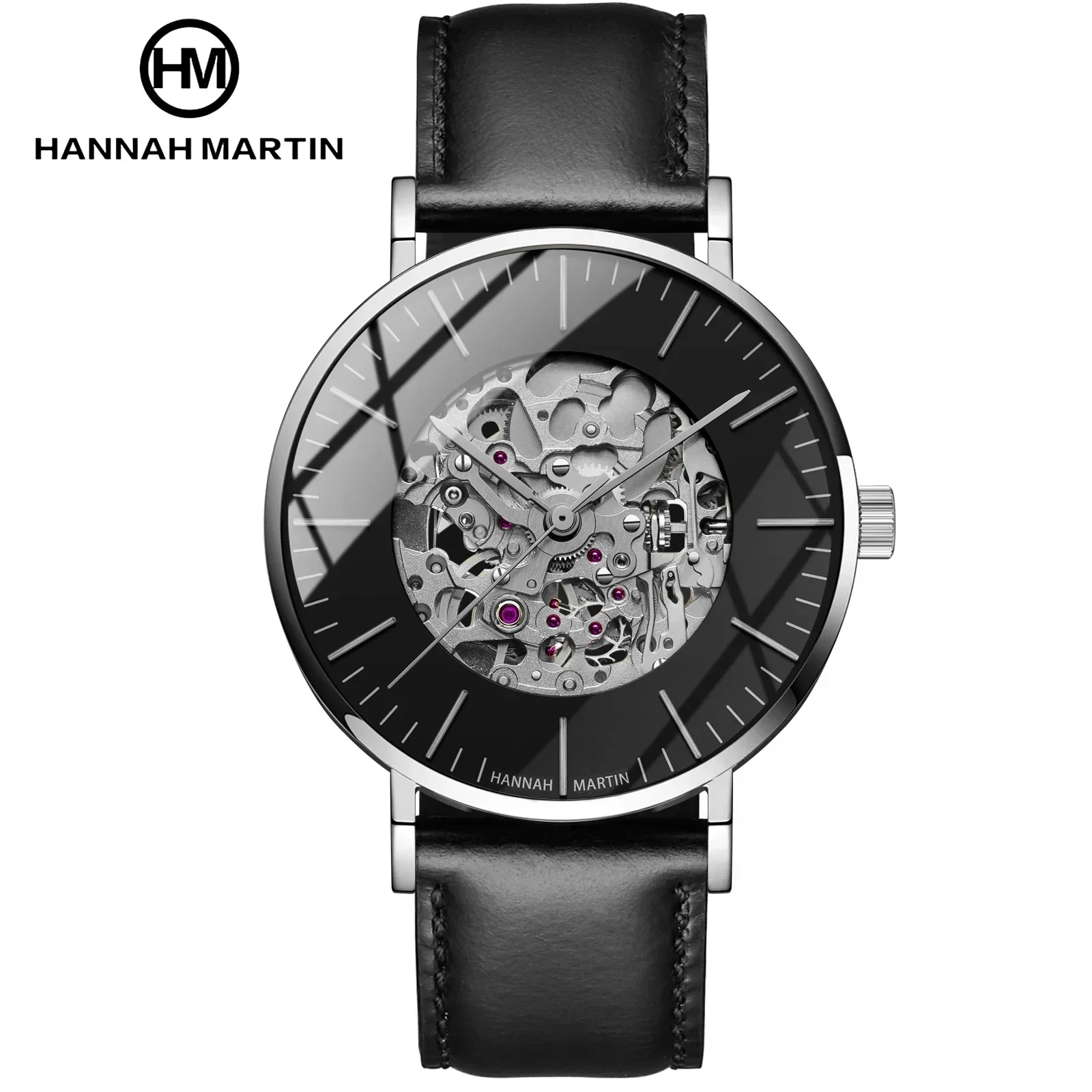 Hannah Martin Factory Wholesale Round Dial Fashion Analog Full Stainless Steel Automatic Unique Mechanical Calendar Men Watch