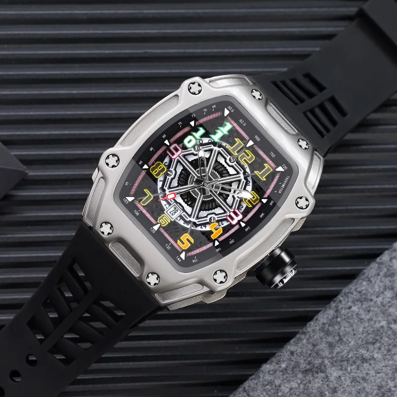 Men's Watch Fashion Silicone Strap Sport Quartz Wristwatch Color Digital Dial Luminous Waterproof Black Cool Skeleton Watch