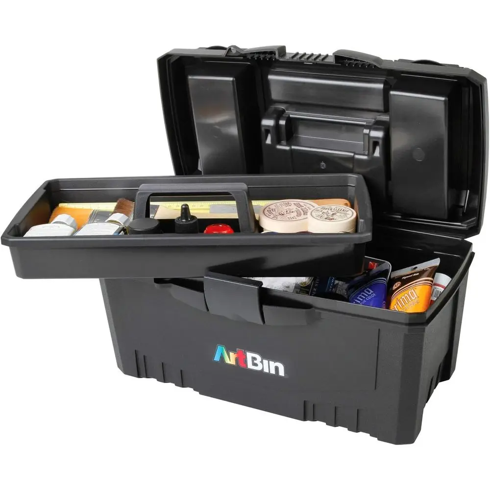 

17-inch Portable Art Supply Organizer with Handle, Black Plastic Storage Box
