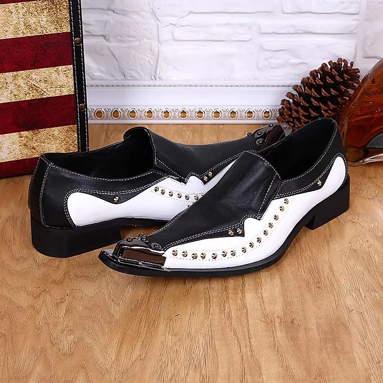 Punk Style Rivet Men\'s Sewing Shallow Loafers Fashion Mixed Color Pointed Toe Chunky Heel Leisure Shoes Male Party Dress Oxfords