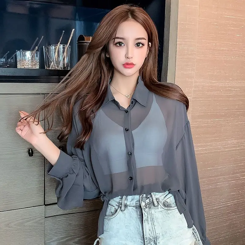 Women Clothing New Drawstring Lacing Short Tops Tees Summer Long Sleeve Thin Solid Button Loose Trend Shirts Fashion Casual