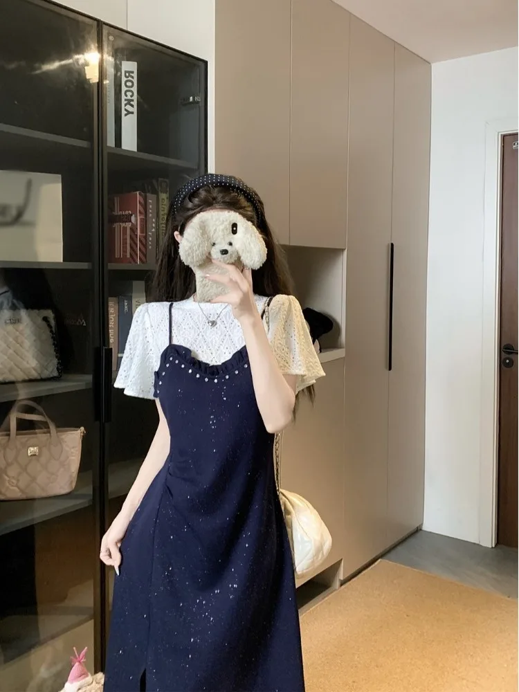

plus Size Loose Glitter Dress High Waist A-Line Midi Skirt Summer Casual Short Sleeve round Neckline Fake Two-Piece Dress