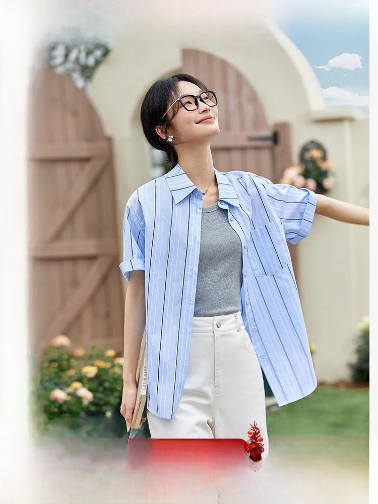 

Women's Casual Cotton irt Striped Turn-down Collar Design Loose Commute Sle Spring Summer New Arrival Button-up Top