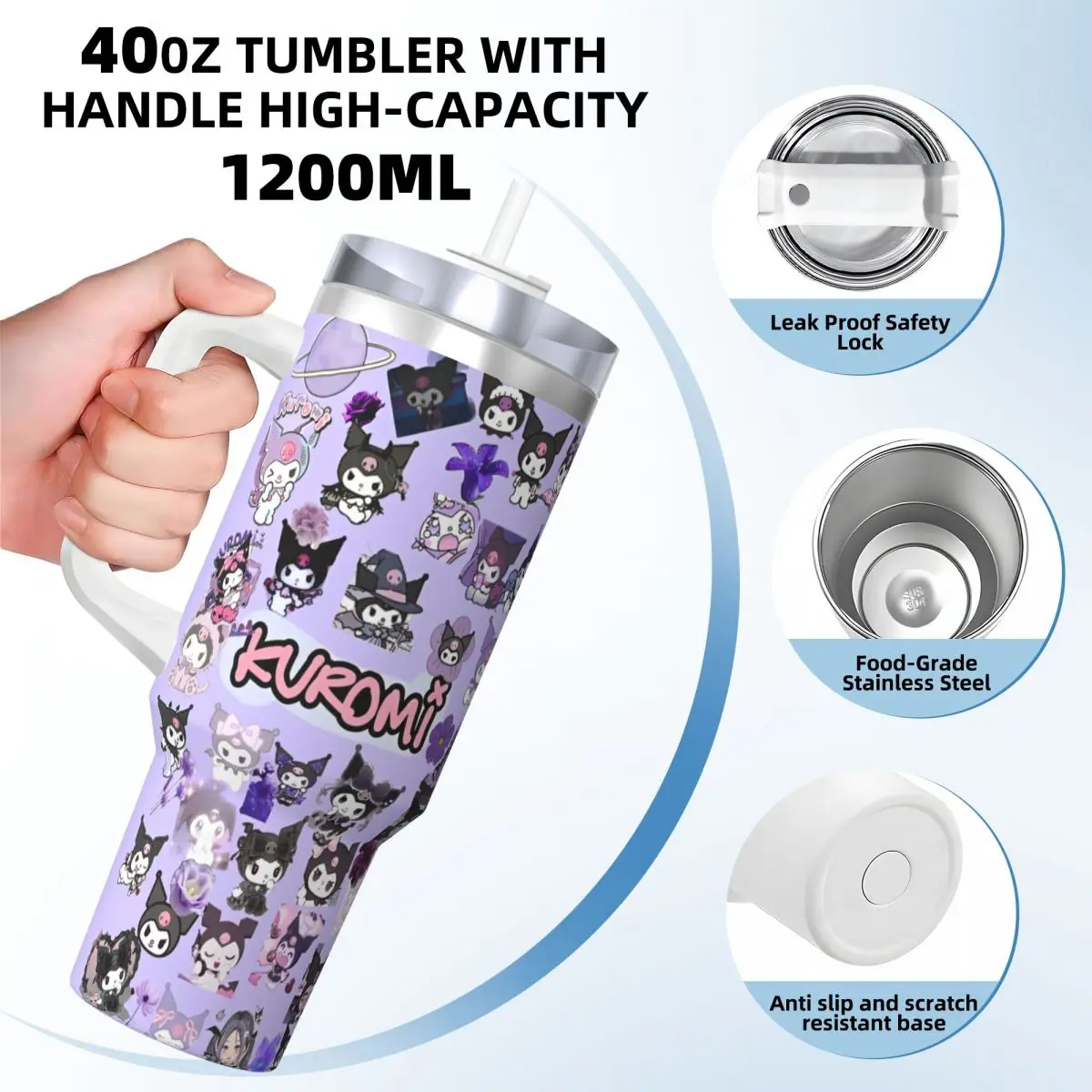 Stainless Steel Tumbler Kawaii Sanrio Kuromi Japanese Thermal Cups Japan Cute Cartoon Portable Cold Drink Car Mugs Water Bottle