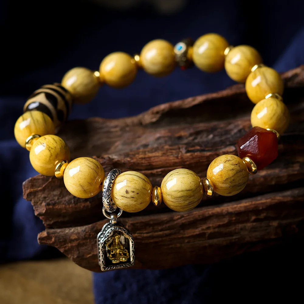 Original Tibetan-Style Cow Bone Round Bead Bracelet Antique Agate Bracelet with Twin Tiger Tooth Heavenly Beads