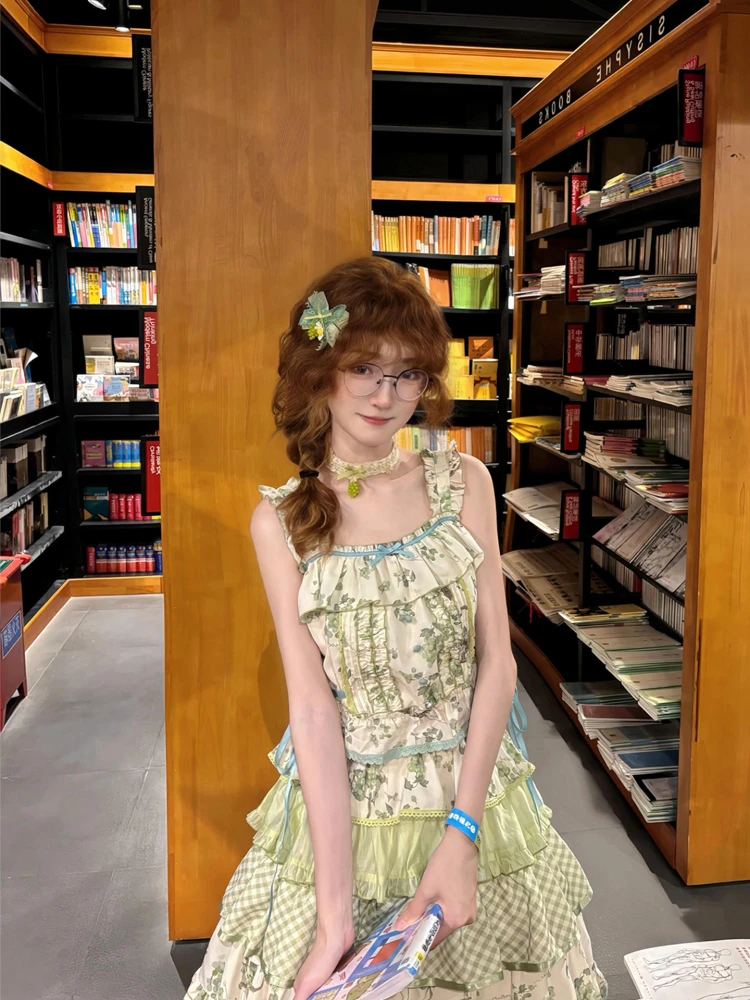2025 Summer New Idyllic Japanese Original Sweet Girl Lolita Jsk Floral Dress Lace Suspender Top Cute Little Fresh Suit