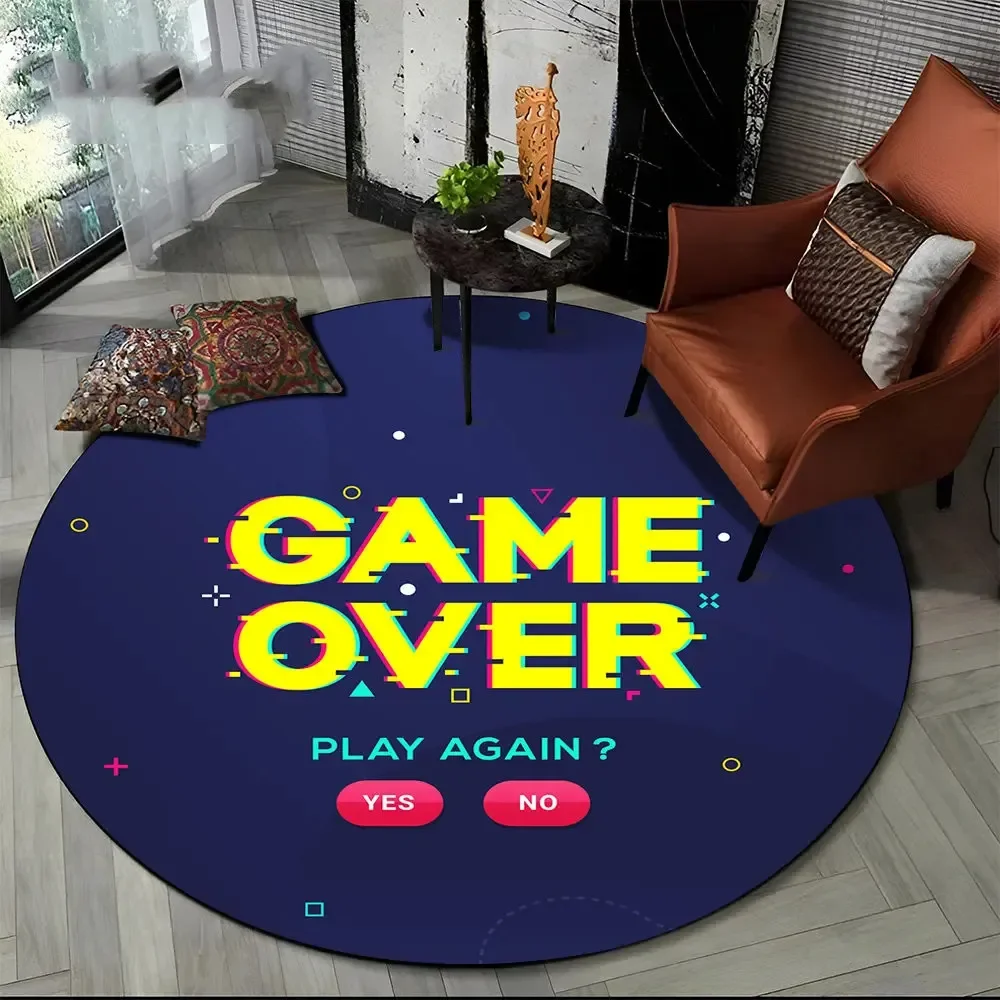 3D Game Over Fire Round Carpet Cartoon Gamer Circle Rug Teens Playroom Bedroom Living Room Balcony Floor Mat Home Decor Doormat