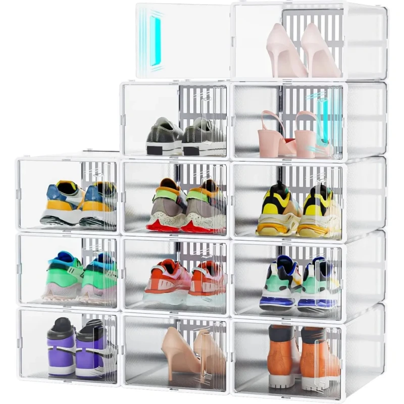 12 Pack Shoe Organizer, Clear Plastic Stackable  Storage, Multifunctional Shoe Box, Universal Shoe Storage Boxes