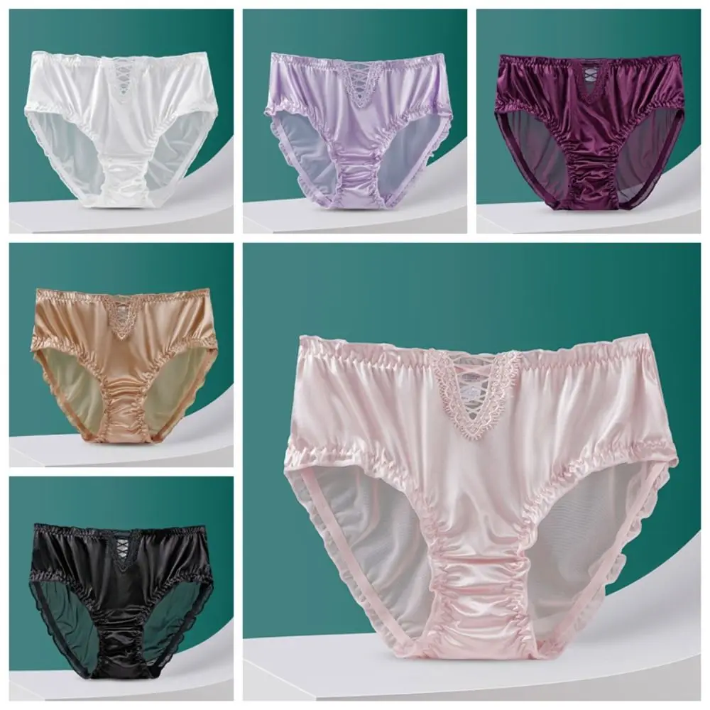 

Ice Silk Satin Silk Panties Transparent Mid Waist Ruffle Hollow Briefs Cotton Crotch French Style Women's Underwear Women