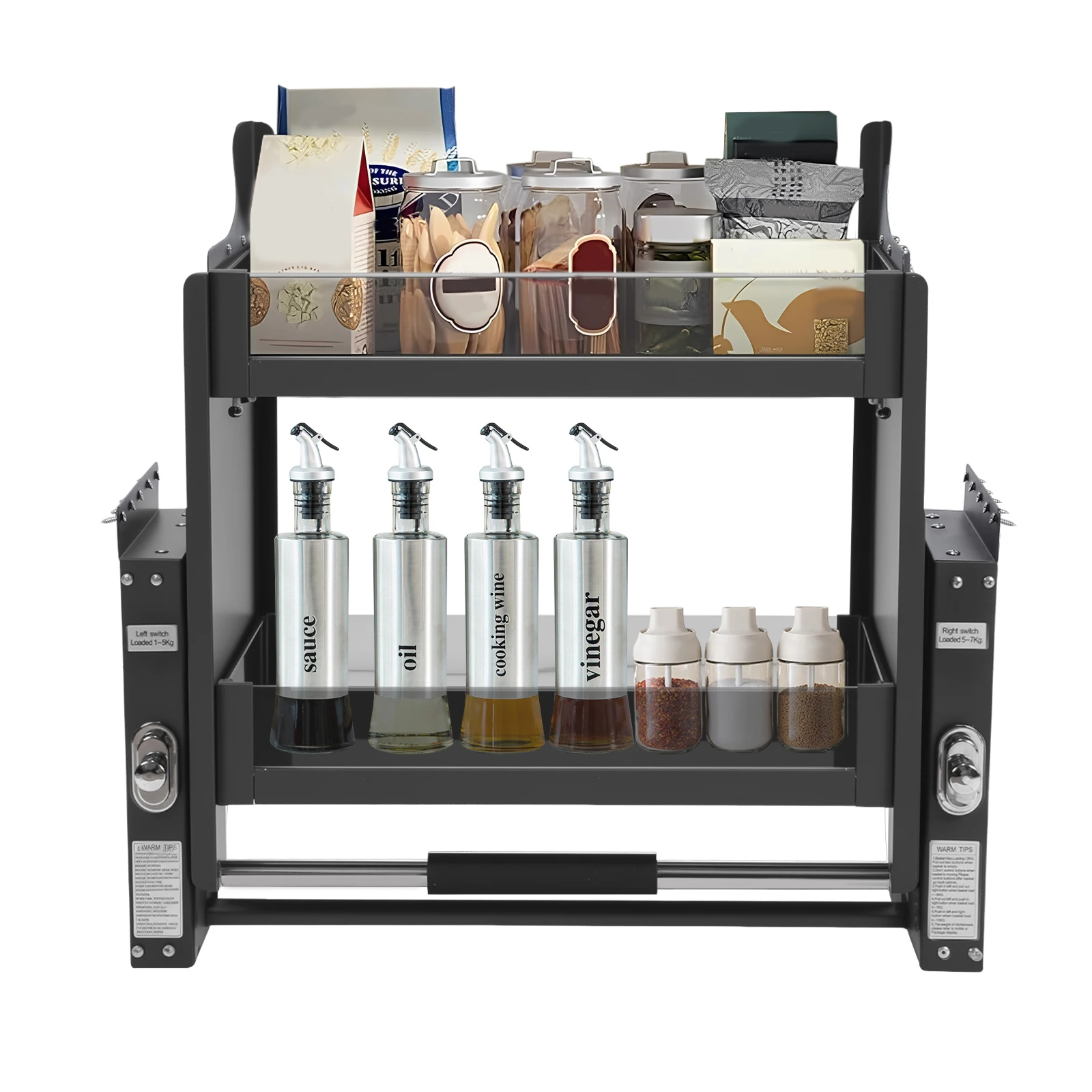 

2-Tier Pull Down Cabinet Organizer Aluminum Alloy 22.2 Inch Wall Cupboard Lifting Basket Large Storage Space 15kg