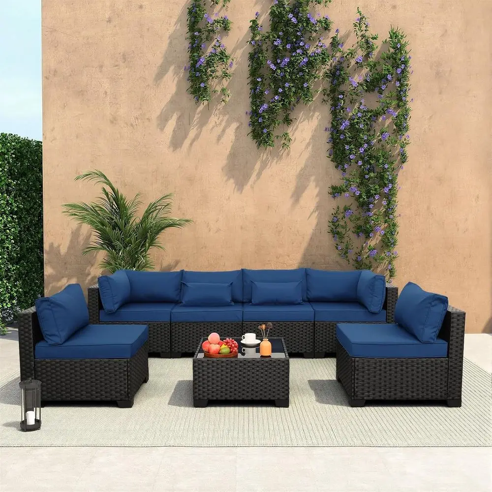 

7-Piece Outdoor Wicker Patio Sectional Sofa Set with Navy Blue Cushions and Glass Table
