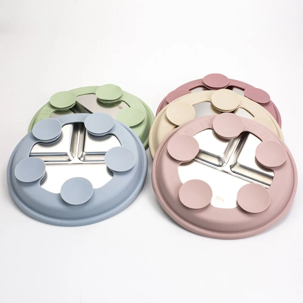 

Silicone Suction Cup Baby Sucker Dining Plate 304 Stainless Steel Divided Design 3 Grids Children Dishes Anti-fall Non-Slip