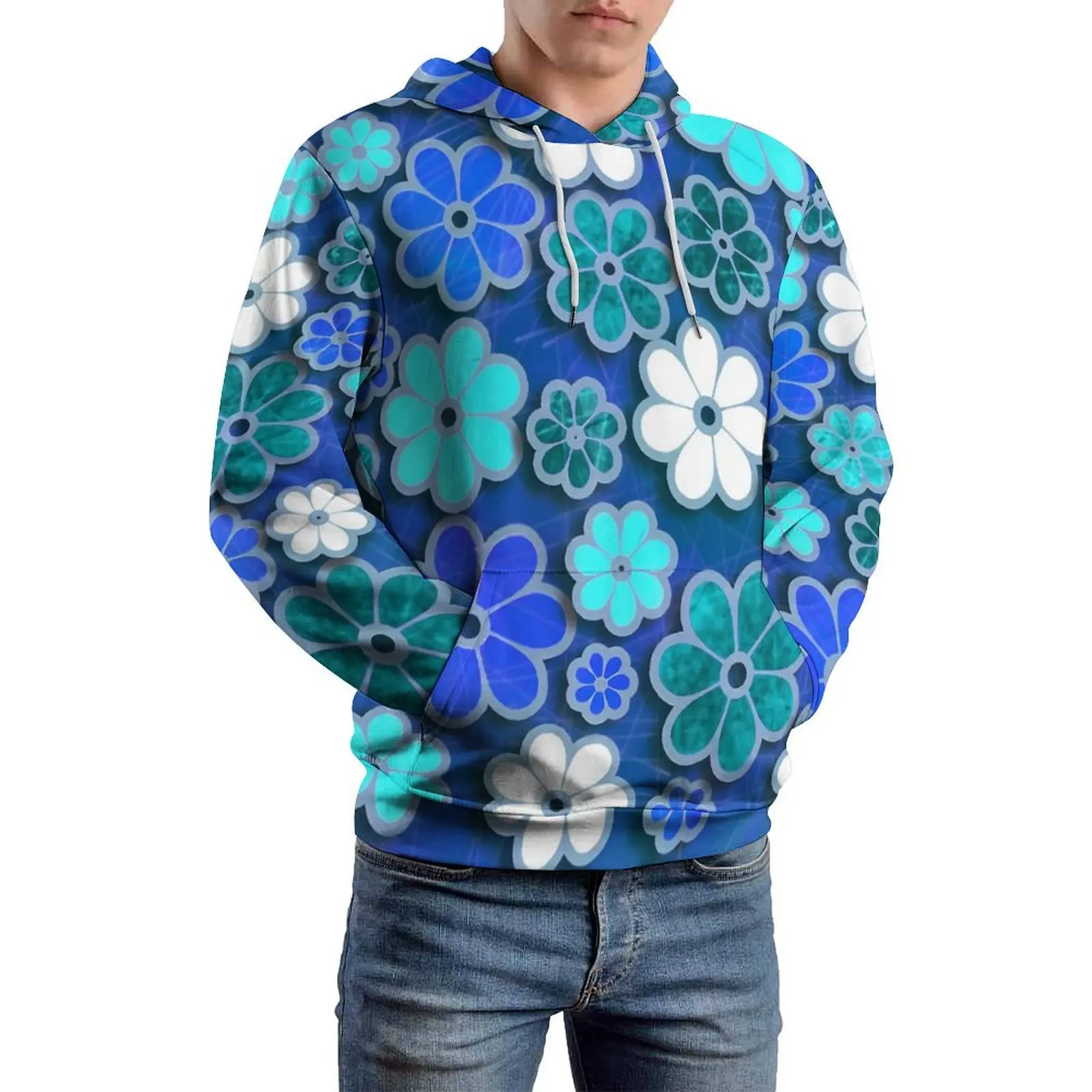 Hippie Flower Power Loose Hoodies Blue Floral Classic Pullover Hoodie Unisex Long Sleeve Hip Hop Graphic Sweatshirts Big Size