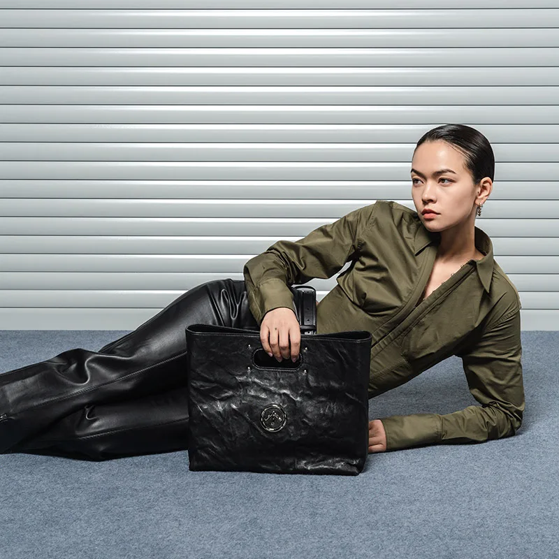 GROTTO Black Stone CARRY Italian Sheepskin Trendy Large Capacity Tote Bag Lightweight and Portable