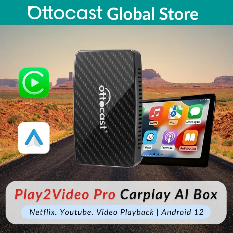 Ottocast Play2video Pro AI Box Wireless Carplay Android Auto Adapter Netflix Dongle Video Playback 1080p Screen Mirror for Audi