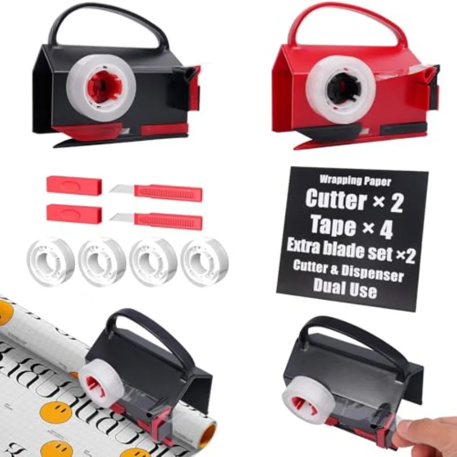 Outil d'emballage cadeau à double usage avec 4 bandes et 2 lames de rechange pour emballage de noël, d'anniversaire et de vacances, conception de tubes à trancher coulissants
