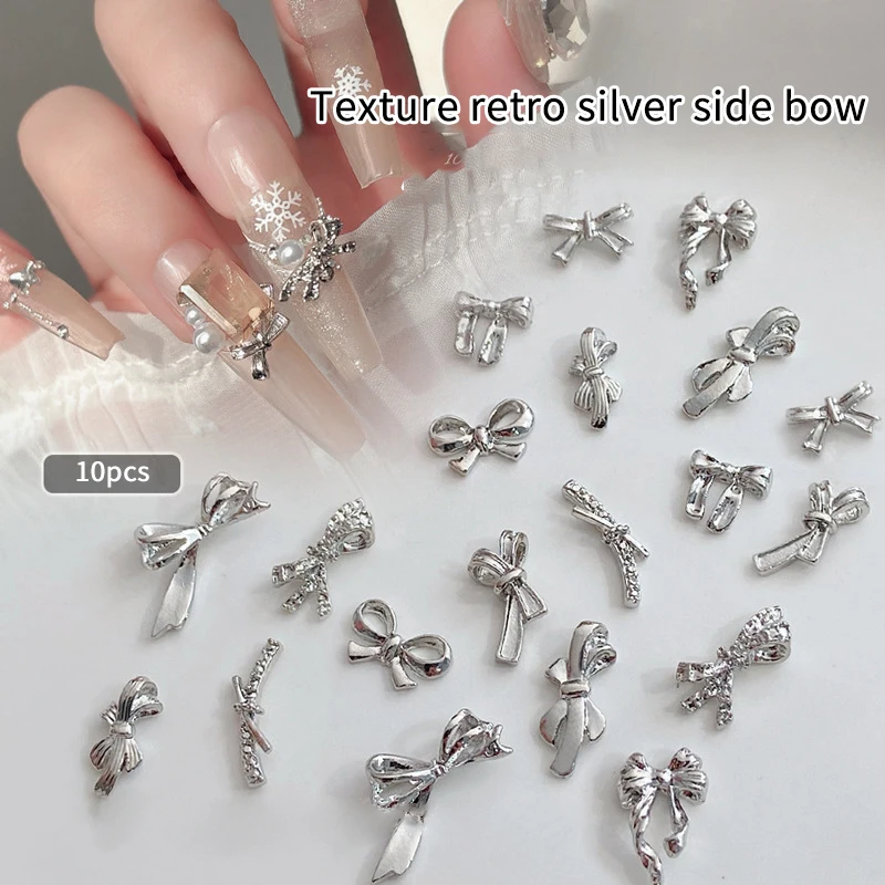 

10PCS Silver Alloy Nail Art Bow Charms Accessories Parts For Manicure Decorate Retro Nails Decoration Design Supplies