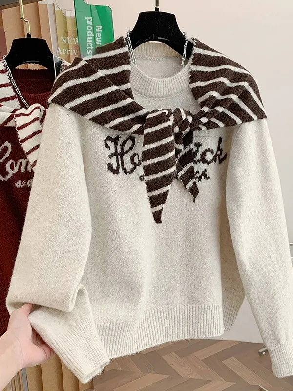 Laid-ba Korean Sle round Ne Striped oulder Wrap Knitted Sweater plus Size Layering Hoodie Casual Loose Fit Long Sve