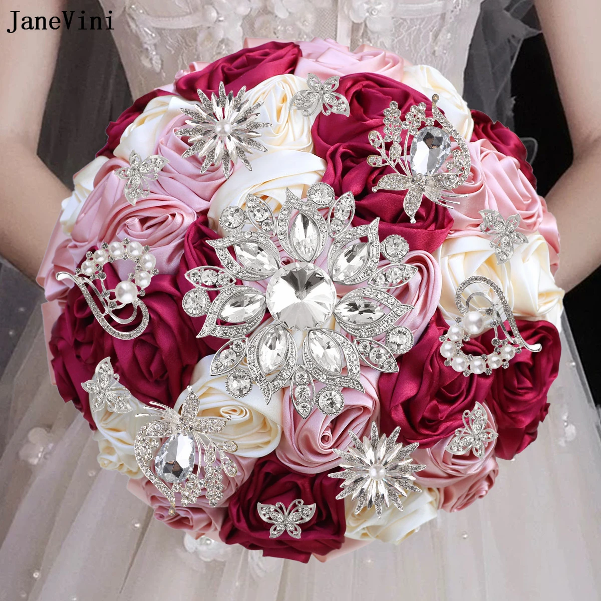 

JaneVini Sparkly Silver Rhinestones Bridal Brooch Bouquets Apricot Pink Flowers Artificial Satin Roses Wedding Bouquet for Bride