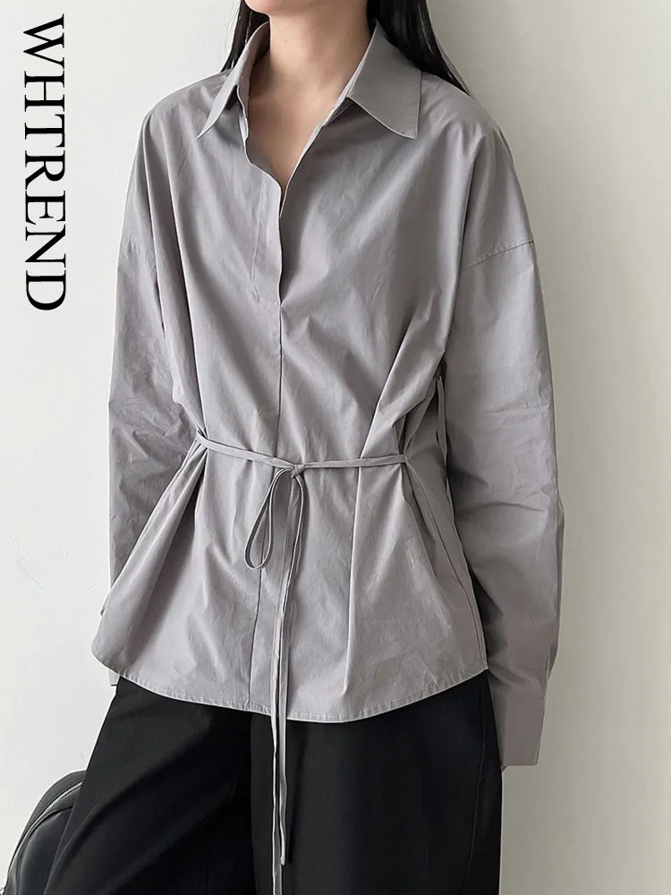 

WHTREND повседневная рубашка с воротником с лацканами для женщин, осенняя новая блузка для похудения со шнуровкой на талии, офисная женская блузка WH1318