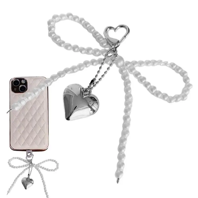 Cute Bow Pearl Mobile Phone Pendant Chain Fashionable Heart Shape Pendant Mobile Phone Accessories Camera Bag Keychain