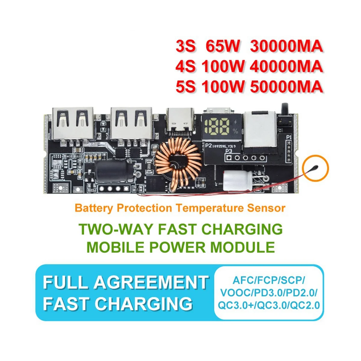 QC4.0 QC3.0 LED Dual USB PD Fast Charge 5A 100W USB Mobile Power Bank 18650 Charging Module Temperature Protection