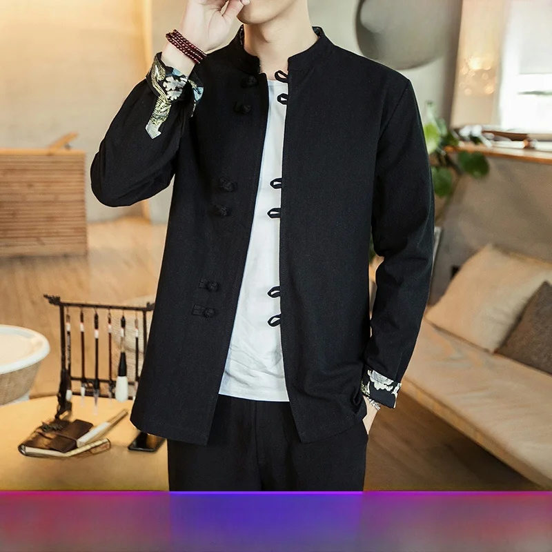 

plus Size Men's Linen Shirt Button up Traditional Chinese Style Long Sleeve Slim Fit Spring Fashion Casual Outerwear Coat