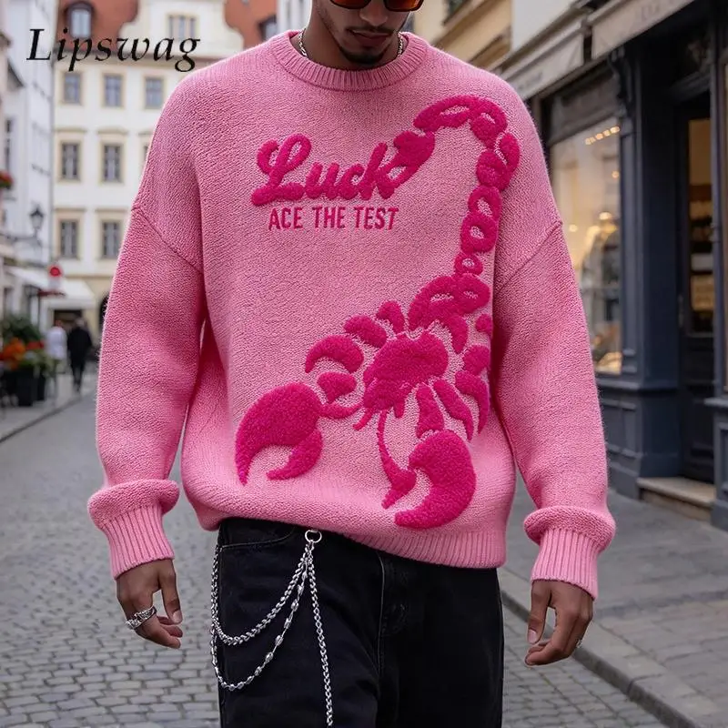 Streetwear Vintage Crew Neck Knitted Pullover Mens Daily Outdoor 2026 Autumn Loose Fit Long Sleeve Sweater For Male Tops