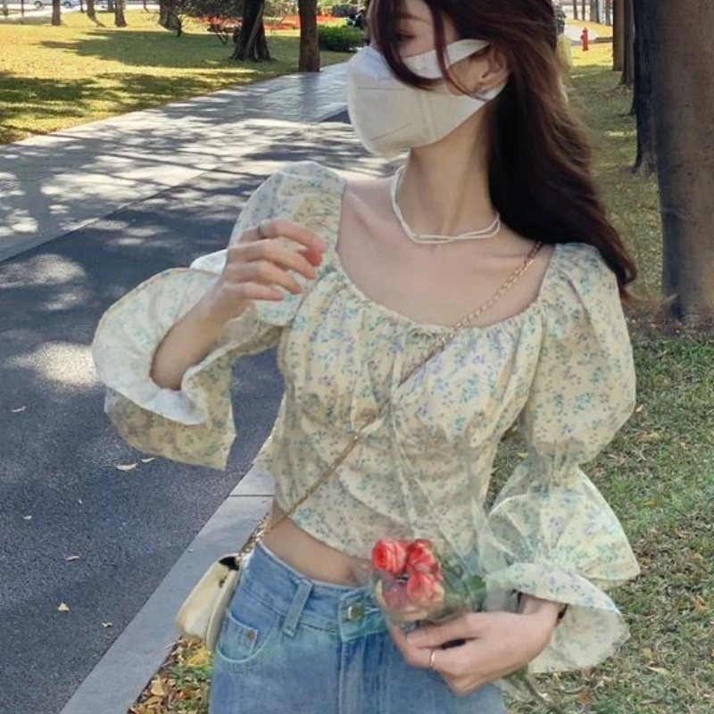 

Женские блузки с цветочным принтом, милый винтажный бандажный дизайн, нежный весенний повседневный квадратный воротник, корейский стиль, модные женские укороченные топы, тонкие
