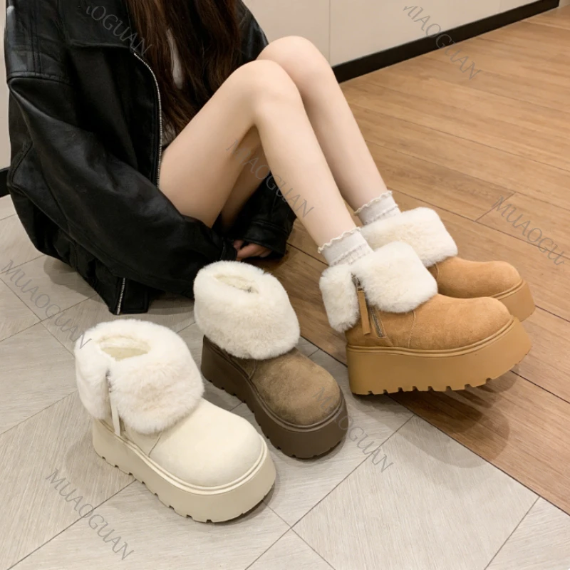 

Winter Fashion Thick Sole Women Fur Snow Boots Outdoor Comfortable Shoes Solid Color Warm No Slip Female Cotton Footwears