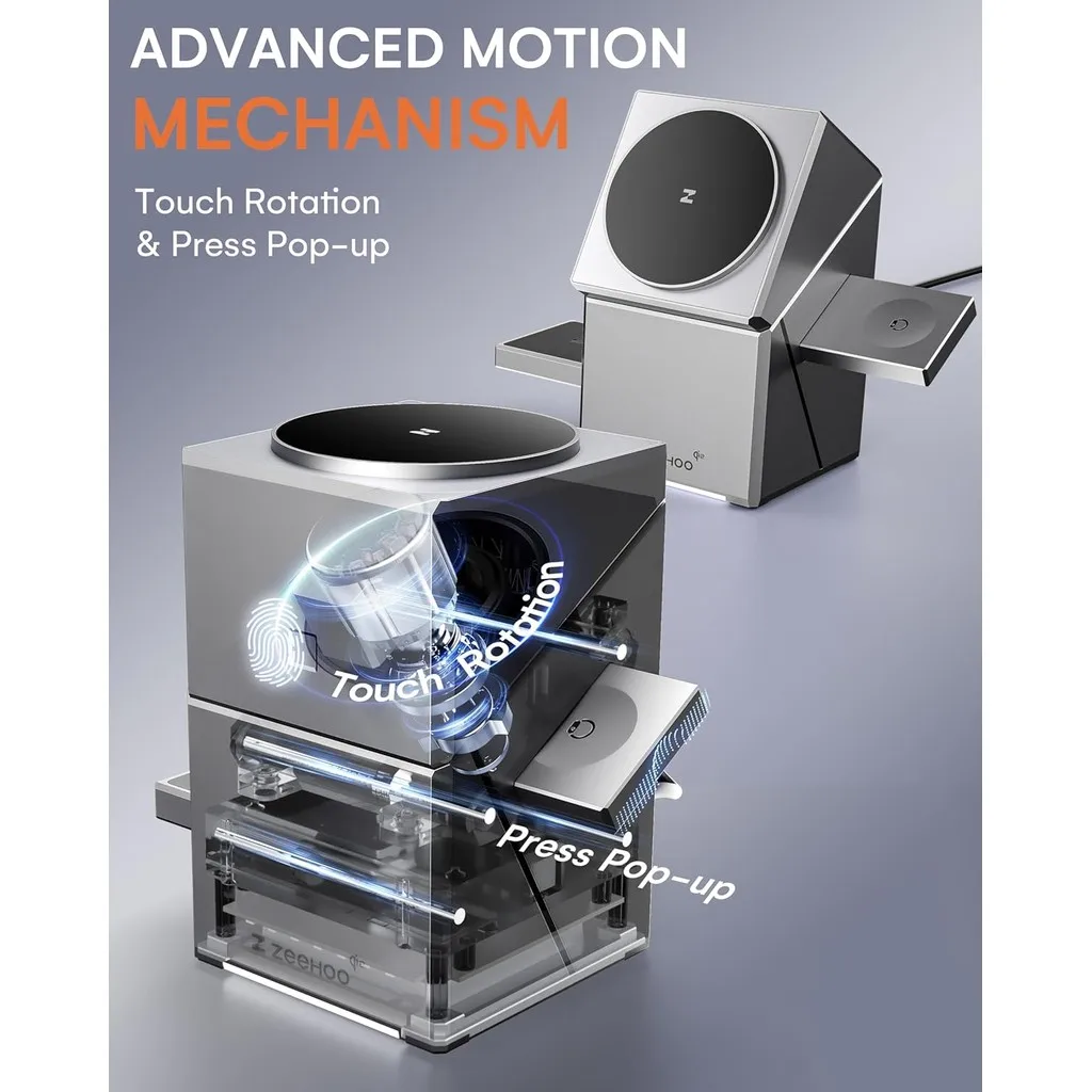 Estação de carregamento elétrica três em um sem fio com toque giratório e pop-up de 15 W de carregamento rápido, adequada