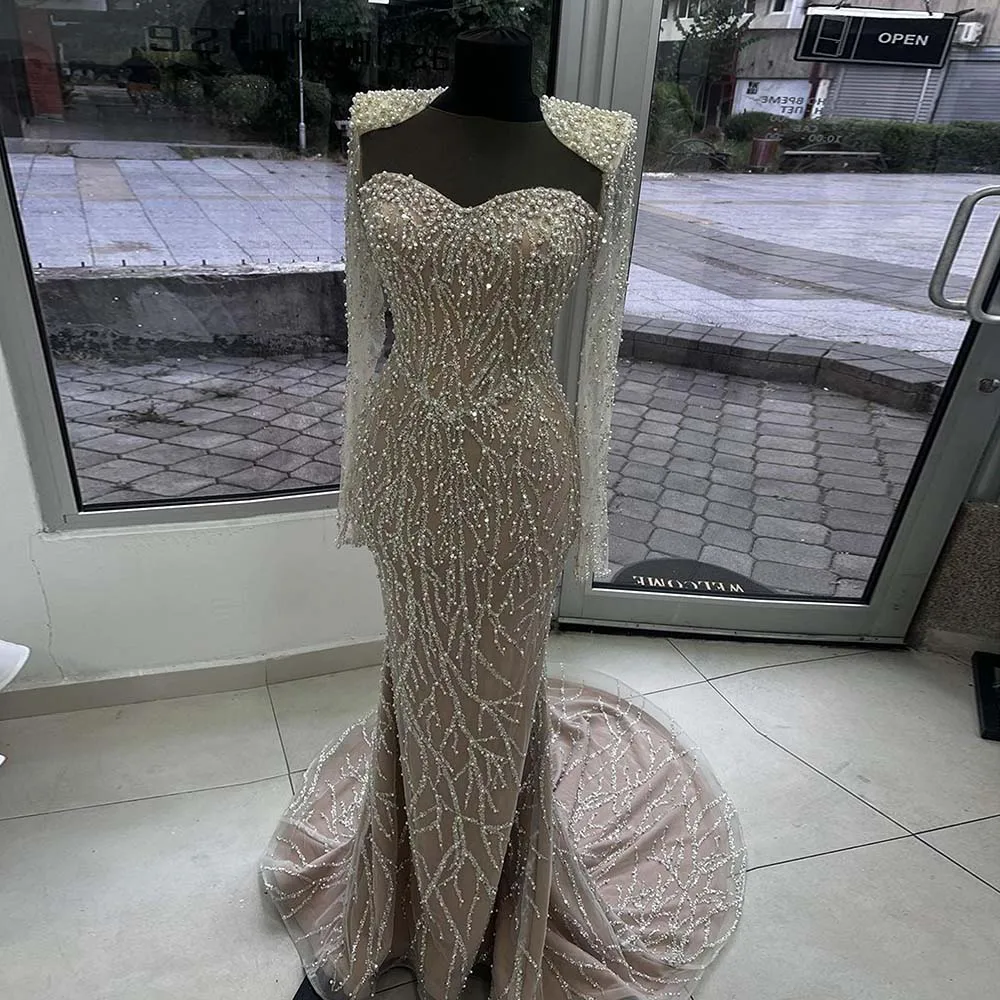 Luxury Muslim Mermaid Evening Dress for Women 2024 Elegant Arabic Pearls Long Sleeves Formal Prom Wedding Party Gowns Customized