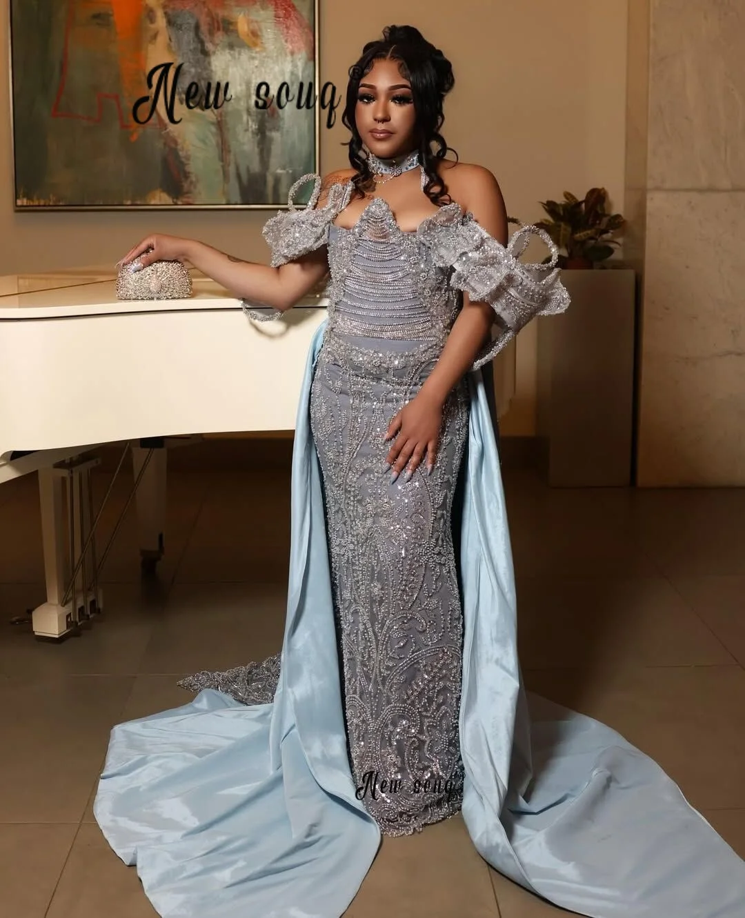Dusty Blue 2 In 1 Two Pieces Prom Dress Off Shoulder Crystals Wedding Reception Gowns Bride Engagement Dresses Customized 2026