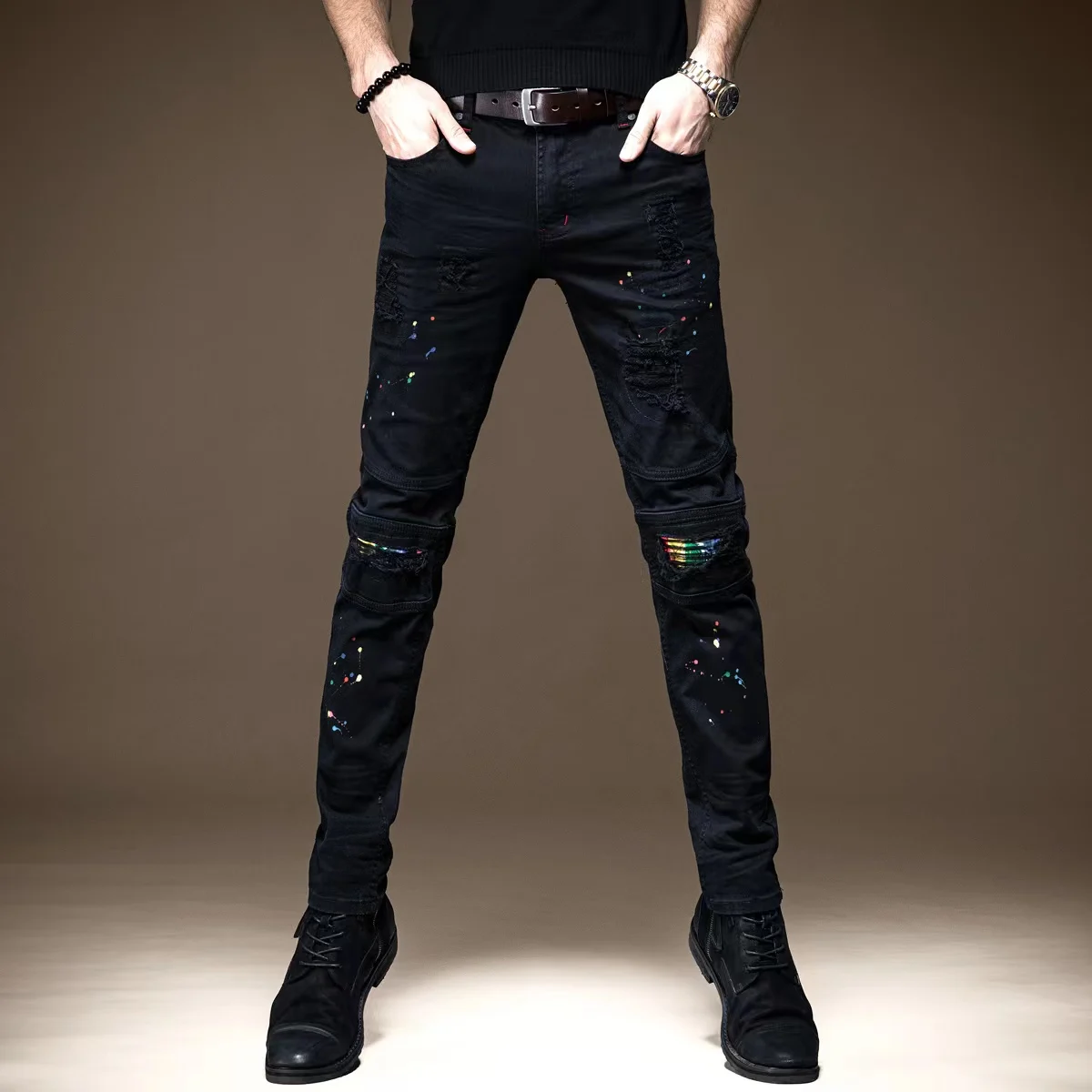

Новое поступление, мужские облегающие джинсы с высокой талией, лоскутные модные повседневные длинные брюки в европейском стиле из смеси хлопка