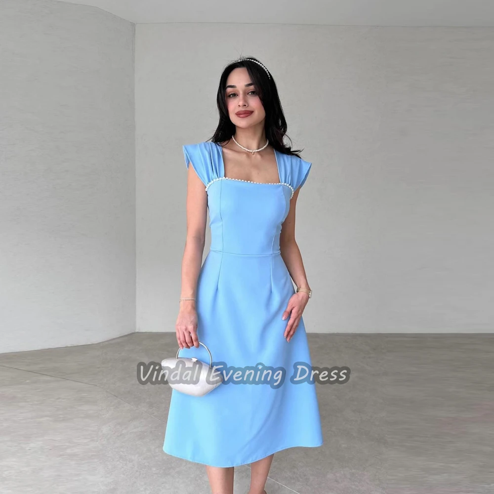 

Vindal Crepe Knee length Sexy Beaded Square Neckline luxurious A-Line Breast Padding Elegant Short Sleeves السعود For Woman 2024