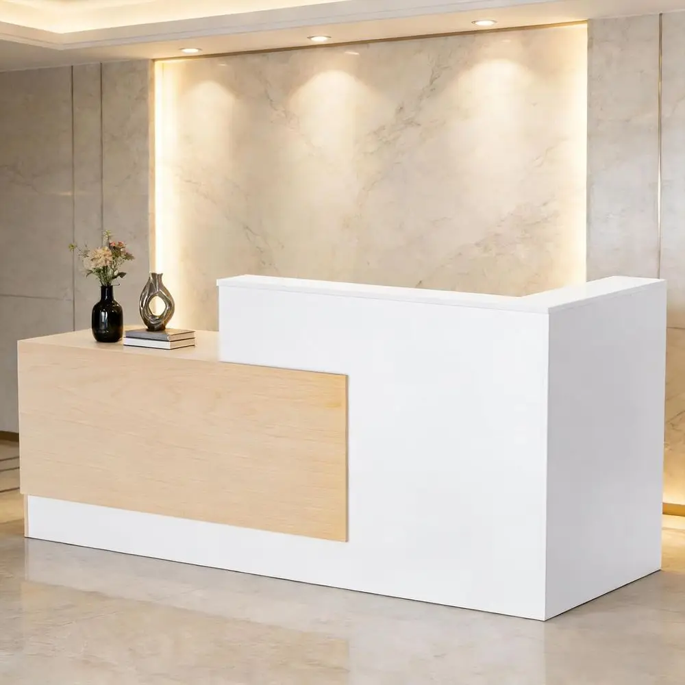 

Большой L-образный офисный стол из дуба и белого дерева с местом для хранения и стойкой для коммерческого использования (левосторонний, 71''Д x 34''Ш x 41''В)