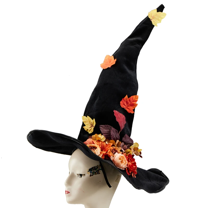 

Halloween Wizard Hat Gothic Retro Black Flowers Leaves Large Brims Witch Hat Party Cosplay Role-playing Fancy Carnival Costumes