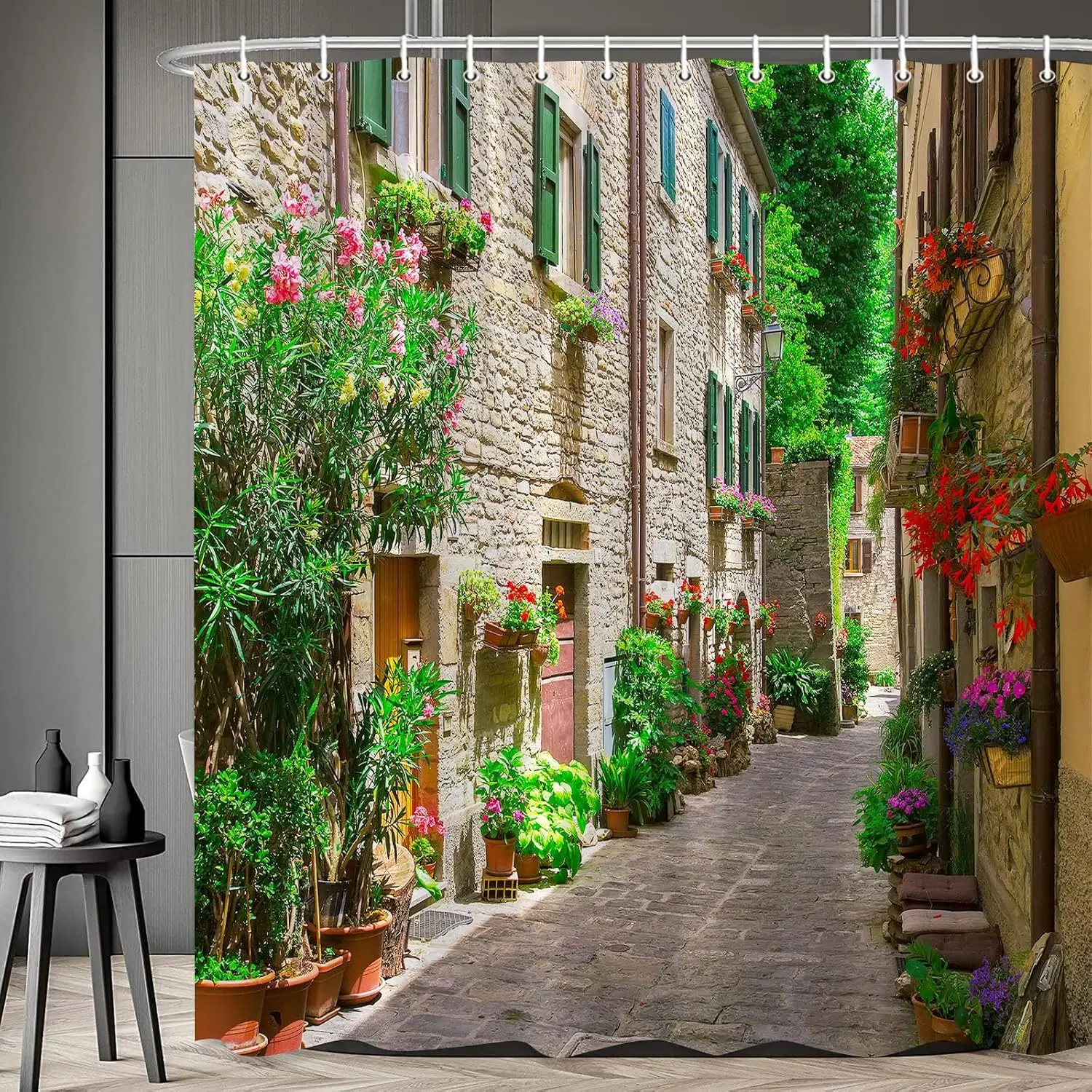 

Итальянский пейзаж, занавеска для душа, тосканский город, цветок, зеленый лист, виноградная лоза, европейская природа, деревенский сад, деревенский дом, ванная комната