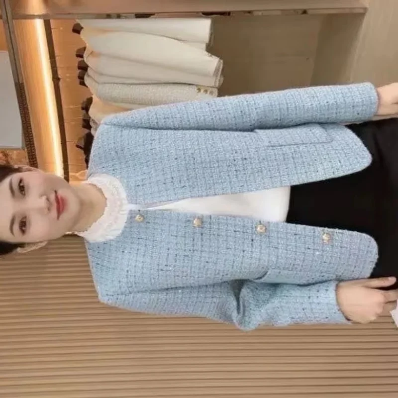 

Korean Women Fashion Round Neck Suit Tops Autumn Female Large Size 5XL Blazer Coat Spring Ladies High-end Tweed Patchwork Jacket