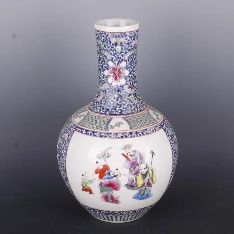 Qing Kangxi Fensteröffnungs-Pastell-Vase mit drei Figuren, antikes Porzellan, Heimdekoration im chinesischen Stil, Vasen für Blumen