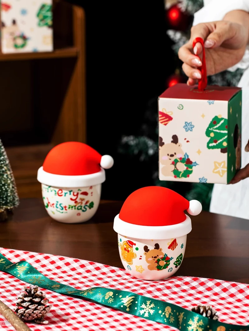

Cute Christmas Hat Ceramic Mug with Lid Home Use Coffee Cup Drinking Cup for Girls Christmas Gift