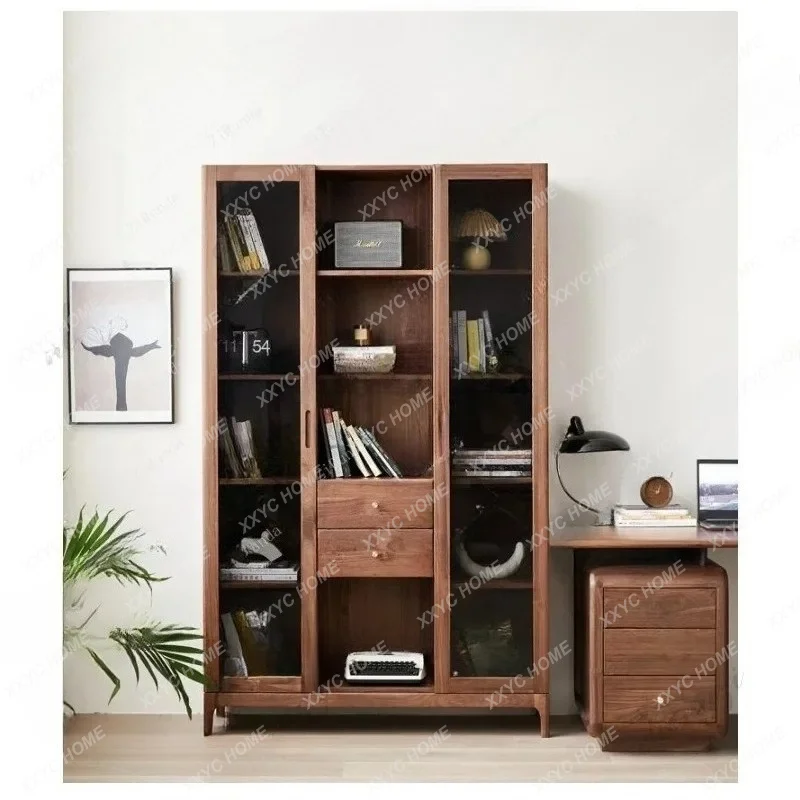 XX Solid wood bookcase Bookshelf  black walnut storage, storage, floor-to-ceiling bookcase with glass door
