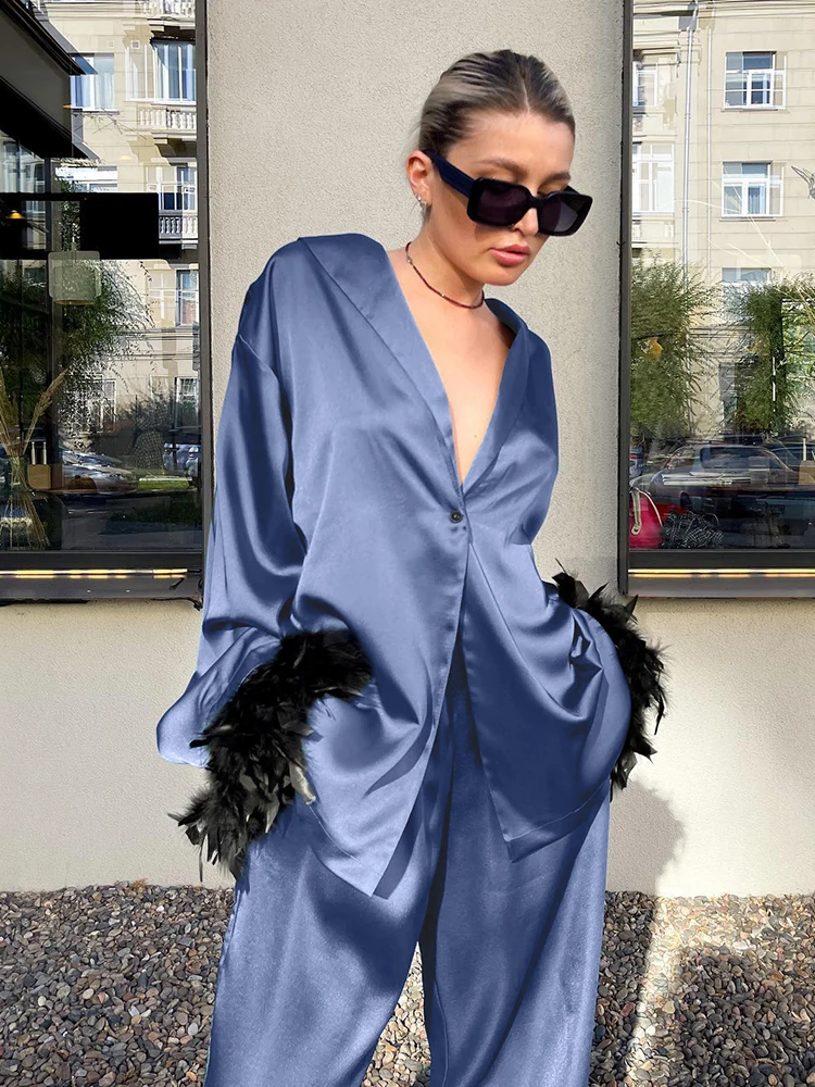 Hiloc Elegant Blue Plunging Neckline Woman Pajama Suit Feather Cuffs Single Button Long Sleeve Top Outfit Home Pants 2-Piece Set