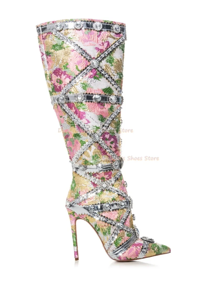 Luxurious Brocade Flowers Pattern Knee-High Boots Paired With Silver Rhinestone Rhinestone Pointed Tip Runway Show Women's Boots