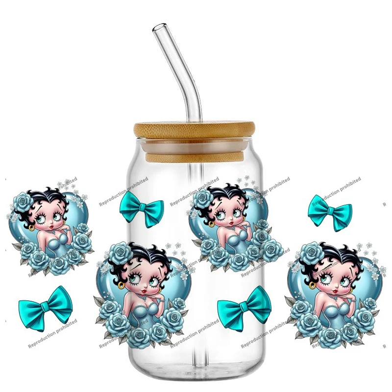 Trendy Modern Girl design UV DTF Cup Wrap Stickers Waterproof Heat Transfer For 16oz Libbey Glass Can Retro Tumbler Decal