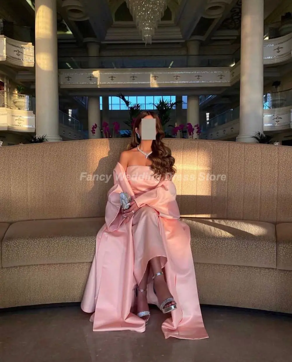 Fancy Elegant Pink Strapless Mermaid Evening Dress Saudi Arabia Ankle Length Sleeveless Prom Gown With Long Shawl Custom Made