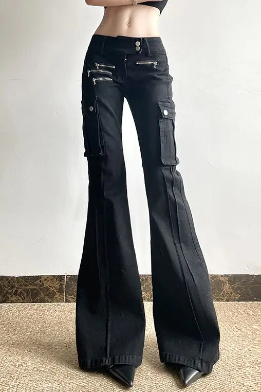 

Y2K American Style Low Waist Flared Jeans for Women Slim Fit Zipper Pocket Design Statement Hot Girl Aesthetic Bell Bottom Pants
