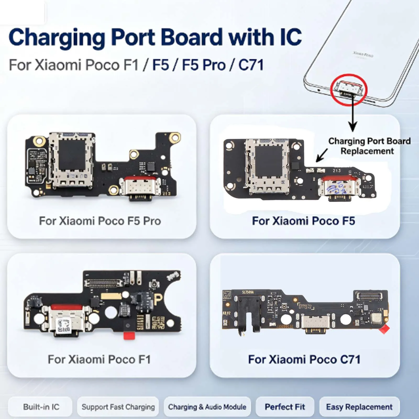 For Xiaomi Poco F1 / F5 / F5 Pro / C71 Charging Port Board with iC, Supporting Fast Charging